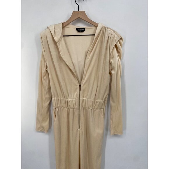 BEBE VELVET BEIGE FRONT ZIP CINCHED SHOULDER SMALL JOGGER JUMPSUIT LONG SLEEVE - Picture 3 of 5